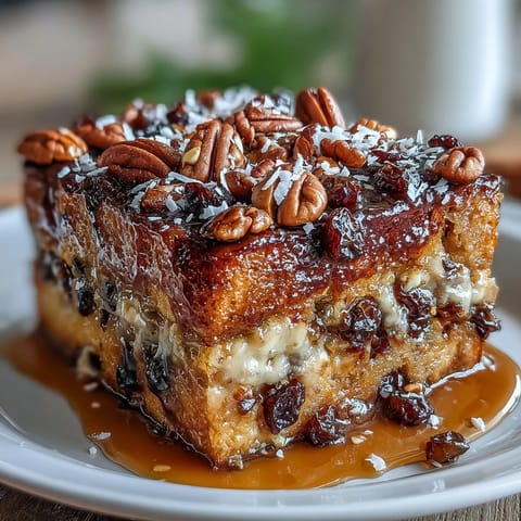 1. Traditional Capirotada Mexicana with toasted bread, piloncillo syrup, nuts, and cheese in a golden baked casserole.  