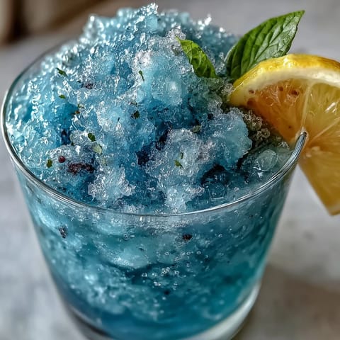 Vibrant blue raspberry lemonade slushie with crushed ice, perfect for cooling off on a hot summer day.
