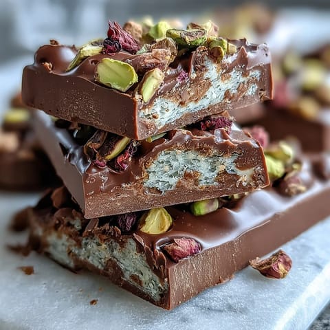 Decadent chocolate bark inspired by Dubai's viral trend, featuring layers of kataifi, pistachio cream, and rich dark chocolate.