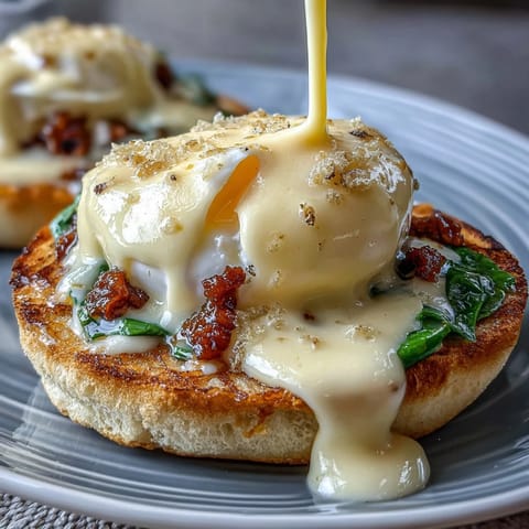 Silky smooth blender hollandaise sauce drizzled over eggs Benedict, with rich buttery flavor and a hint of lemon.