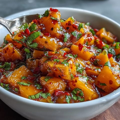 Bright, colorful mango habanero salsa with juicy mango, spicy habanero, and fresh cilantro in a white bowl.  