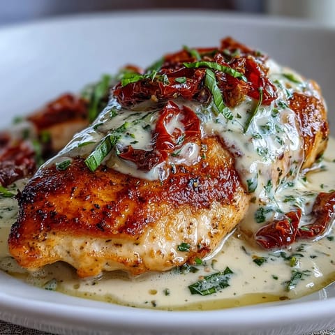 Creamy Marry Me Chicken with sun-dried tomatoes and garlic in a rich Parmesan sauce, served golden and sizzling from the skillet.