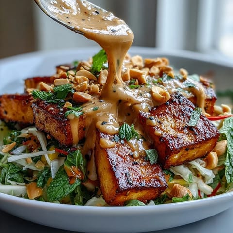 Vibrant Thai Mango Salad with Crispy Tofu and rich peanut sauce awaits.