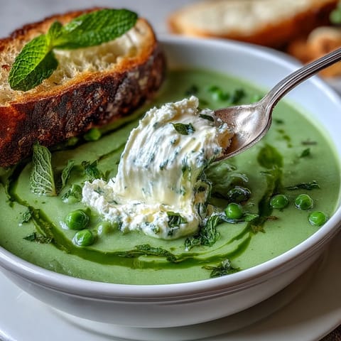 A bowl of fresh spring pea soup awaits with dollops of airy ricotta.