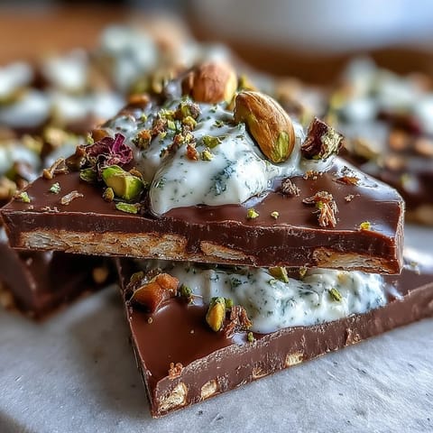 Luxurious Dubai Chocolate Bark with crisp kataifi pastry, pistachio cream, and dark chocolate, garnished with rose petals.