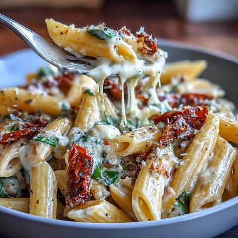Hearty vegetarian one-pot Tuscan pasta simmering with garlic, white wine, and tender penne.  