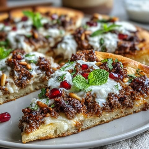 Spiced Lamb Flatbread Pizza with creamy yogurt and pomegranate seeds. A vibrant Middle Eastern-inspired dish, perfect for sharing or as a crowd-pleasing appetizer.