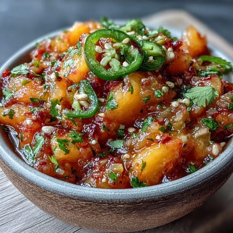 Closeup of fresh peach jalapeño salsa, showcasing diced fruit and bright cilantro.