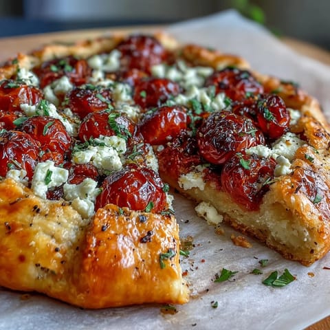 Savory feta galette with sweet roasted tomatoes, perfect warm or room temp.