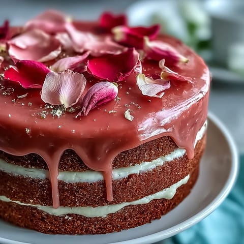 Moist pink velvet cake with rosé wine, adorned with a glamorous gold drip.
