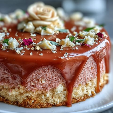 Elegant pink Bridal Shower Rosé Velvet Cake with shimmering gold drip.