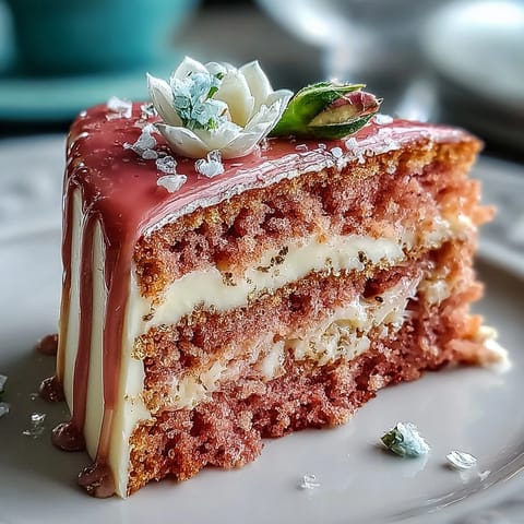 Elegant Rosé Velvet Cake, glossy with shimmering gold drip, perfect for celebrations.