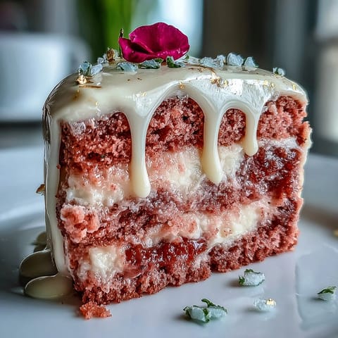 Moist pink velvet cake with rosé wine, accented by a sparkling gold drip.
