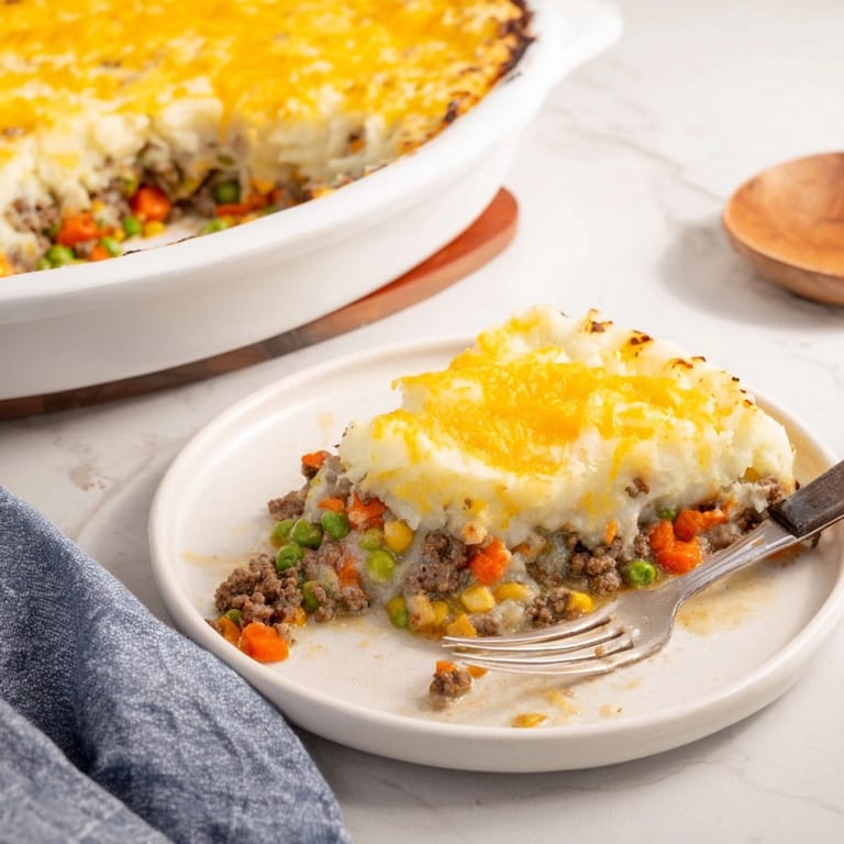 Homestyle comfort: a Warm Rustic Shepherds Pie baked until golden, ready to serve.
