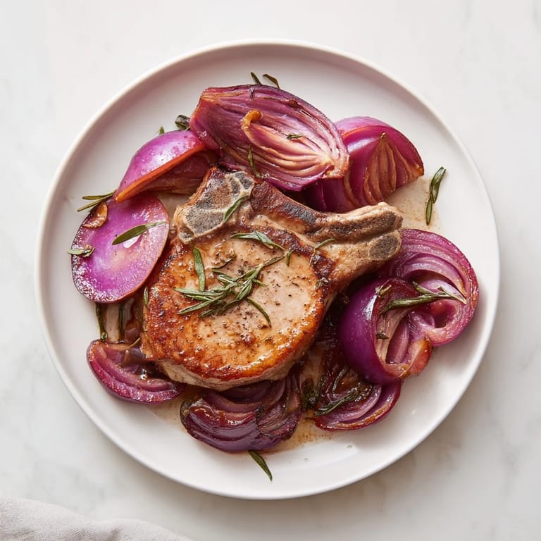 Skillet of warm Plum-Soft Pork Chops ready to serve with rosemary garnish, ideal for dinners.