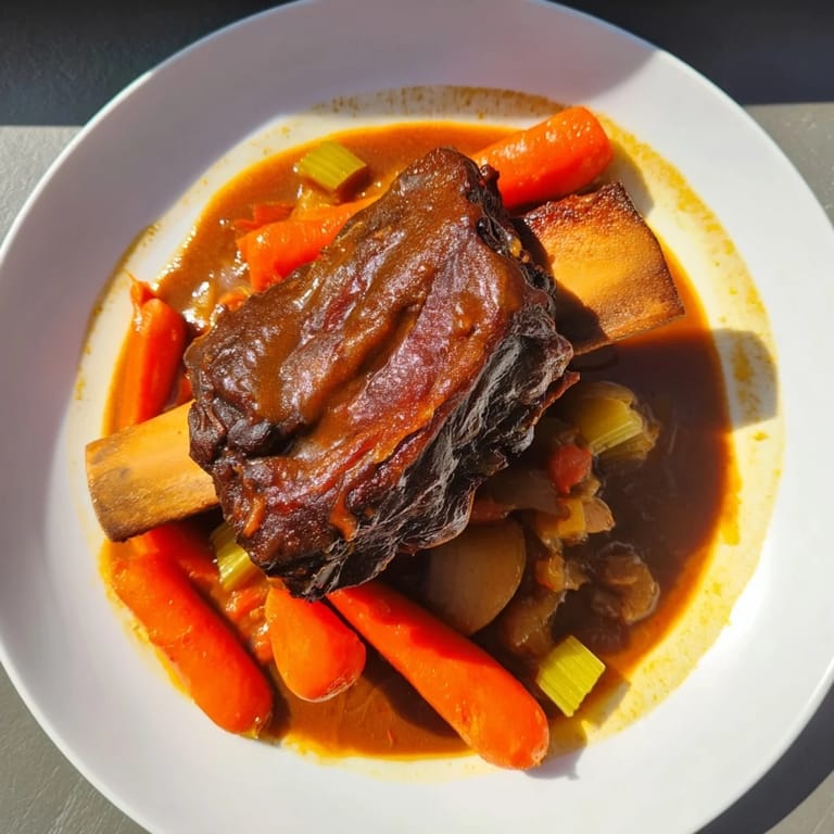 A Dutch oven brimming with savory One-Pot Amber-Glowed Beer-Braised Short Ribs, perfect for a warming dinner.