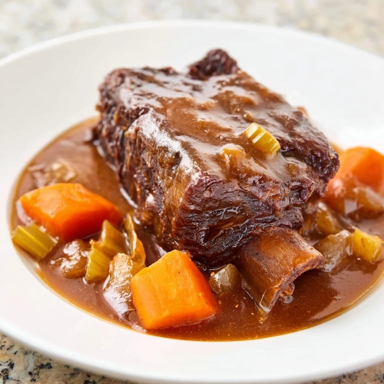 Golden-brown One-Pot Amber-Glowed Beer-Braised Short Ribs, falling off the bone, rich with beer and herbs.