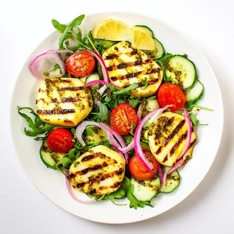Close-up of the grilled halloumi and pesto plate: a Mediterranean delight, perfect as a vegetarian entree.