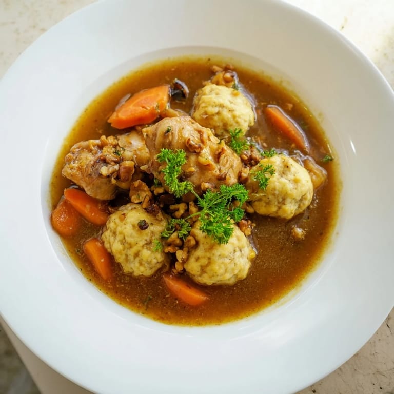 A steaming bowl of Nut-Warm Homestyle Chicken and Dumplings: a classic American comfort food meal.