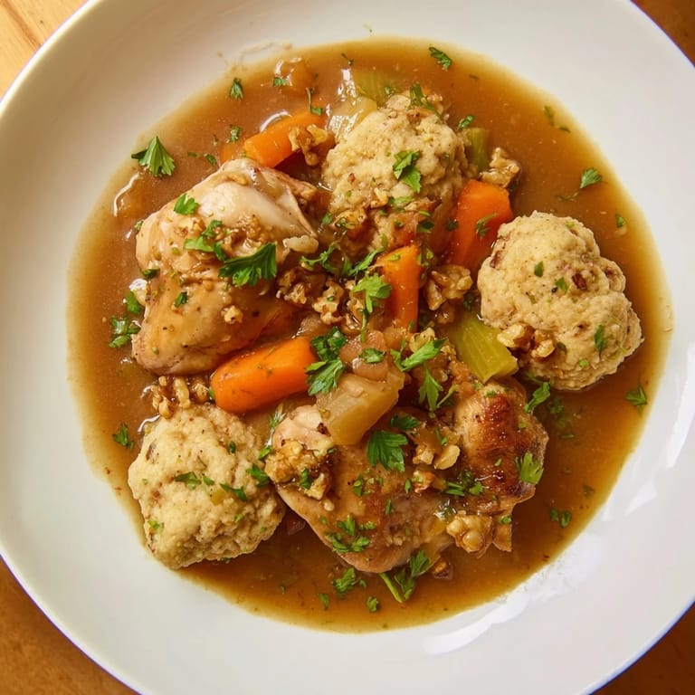 Close-up of golden, tender chicken pieces and dumplings in a bowl of Nut-Warm Homestyle Chicken and Dumplings.