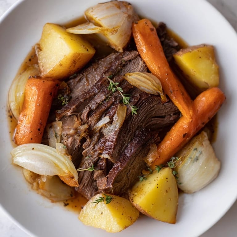 A close-up of steaming Everyday Family Favorite Pot Roast, showing fall-apart beef and hearty veggies.