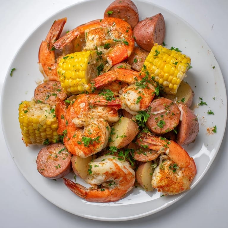 A delicious single-pot Seaside-Inspired Shrimp Boil; featuring flavorful shrimp, potatoes, and sausage.