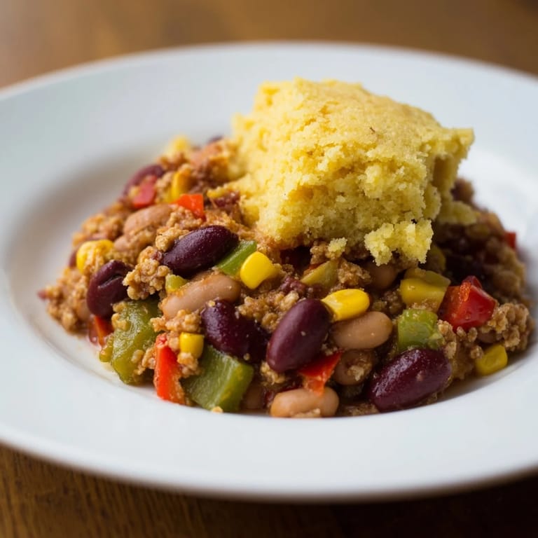 Close-up of Rustic Wheat-Warm Chili, showcasing the tender wheat berries and fluffy cornbread topping.