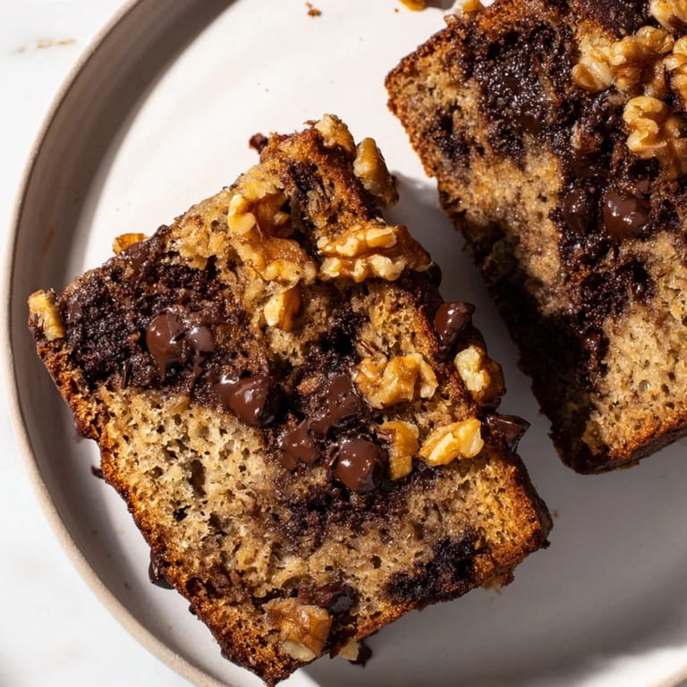 Golden-brown chocolate chip banana bread, dotted with melted chips, ready to enjoy with a coffee mug.