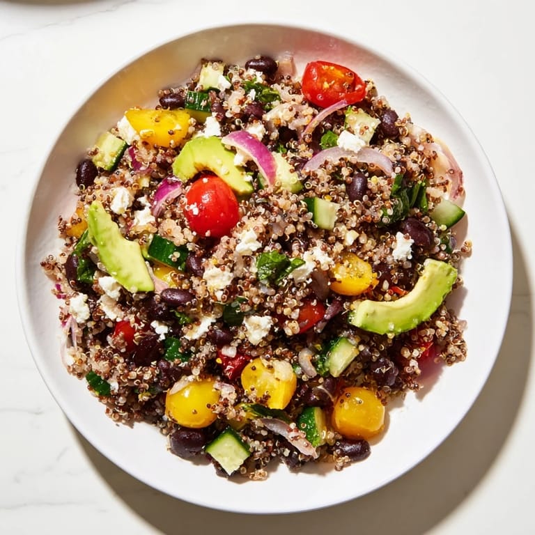 A tempting bowl of Poppy-Bright Quinoa and Black Bean Salad; the vibrant colors of fresh vegetables abound.