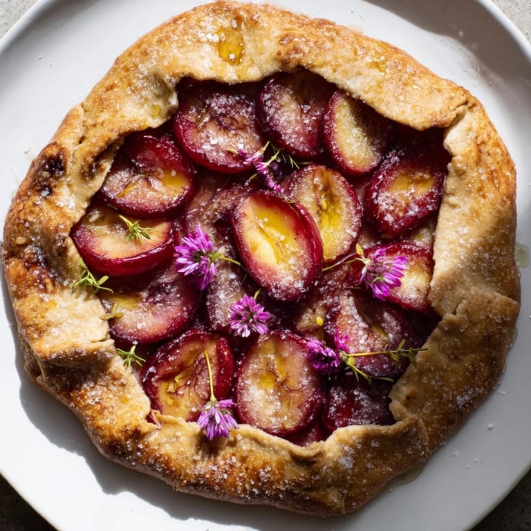 A warm, rustic honey and plum galette, brimming with ripe plums and drizzled honey.