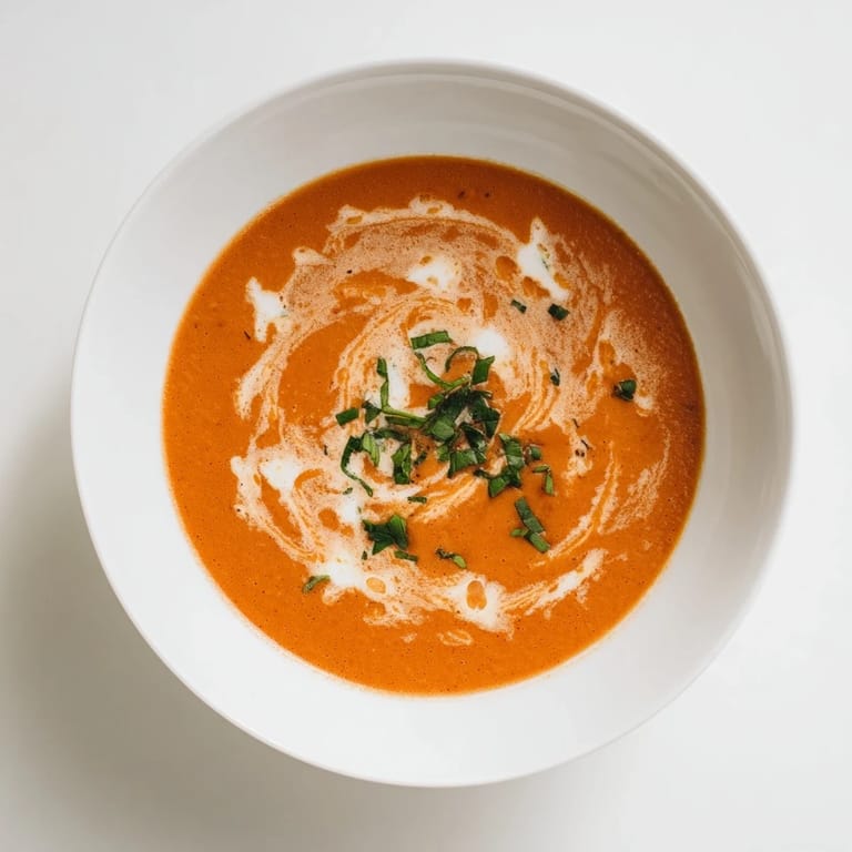 A steaming bowl of Whisked Weeknight Tomato and Basil Soup, ready to be enjoyed with crusty bread.