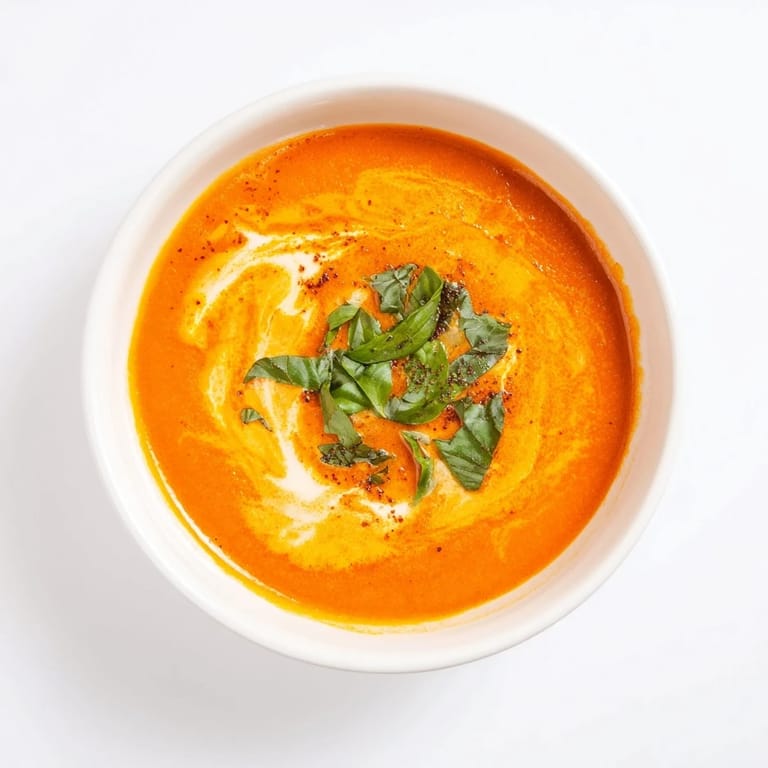 Vibrant red Whisked Weeknight Tomato and Basil Soup, featuring fresh herbs, perfect for a cozy dinner.