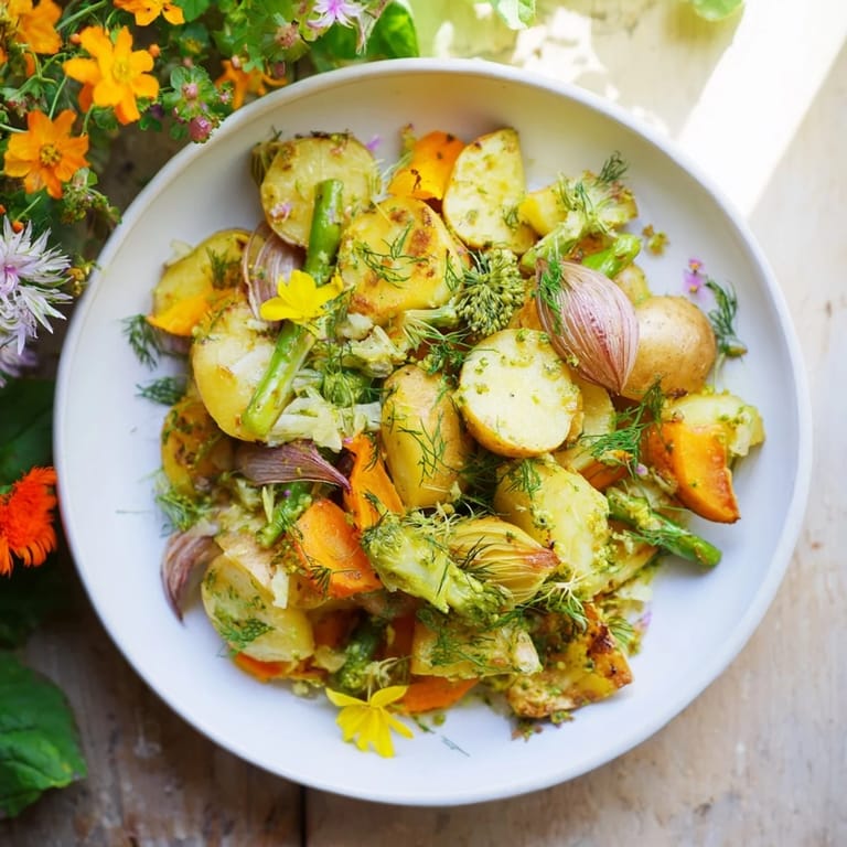 Vibrant Light Herb & Fern-Inspired Roasted Vegetable Platter, arranged with baby greens and edible flowers, ready to serve.