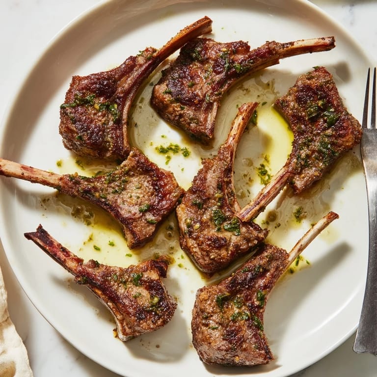 Juicy pan-seared lamb chops with vibrant mint sauce and fresh herbs, a Mediterranean-inspired dinner.