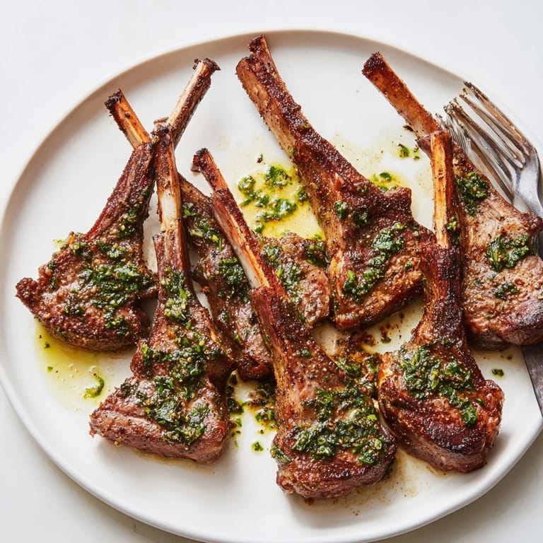 Savory rustic mint sauce drizzled over perfectly cooked lamb chops, ready for a delicious weeknight meal.