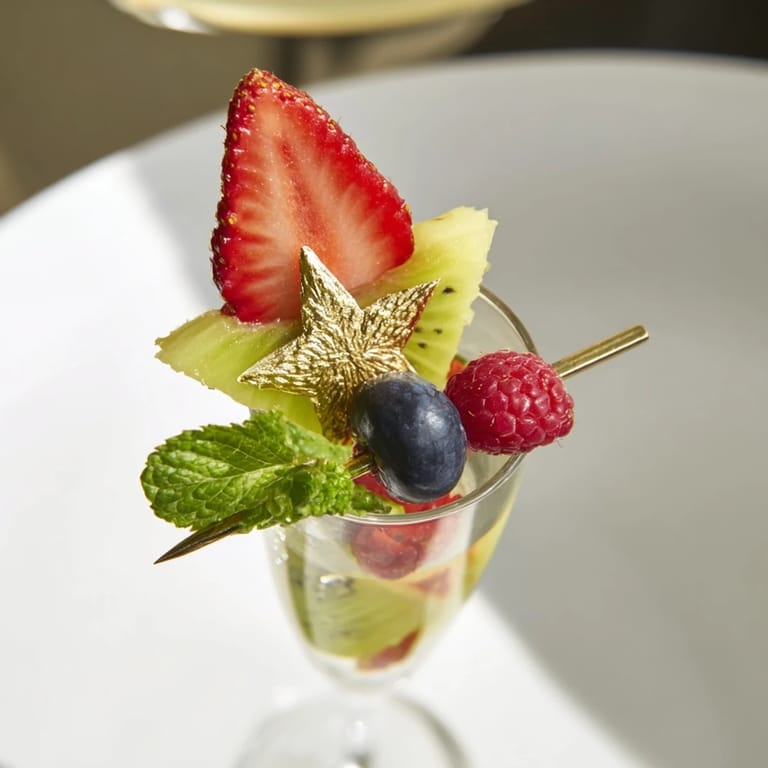 See skewered Champagne Flute Fruit Garnishes with strawberries, kiwi, and pineapple ready to serve.