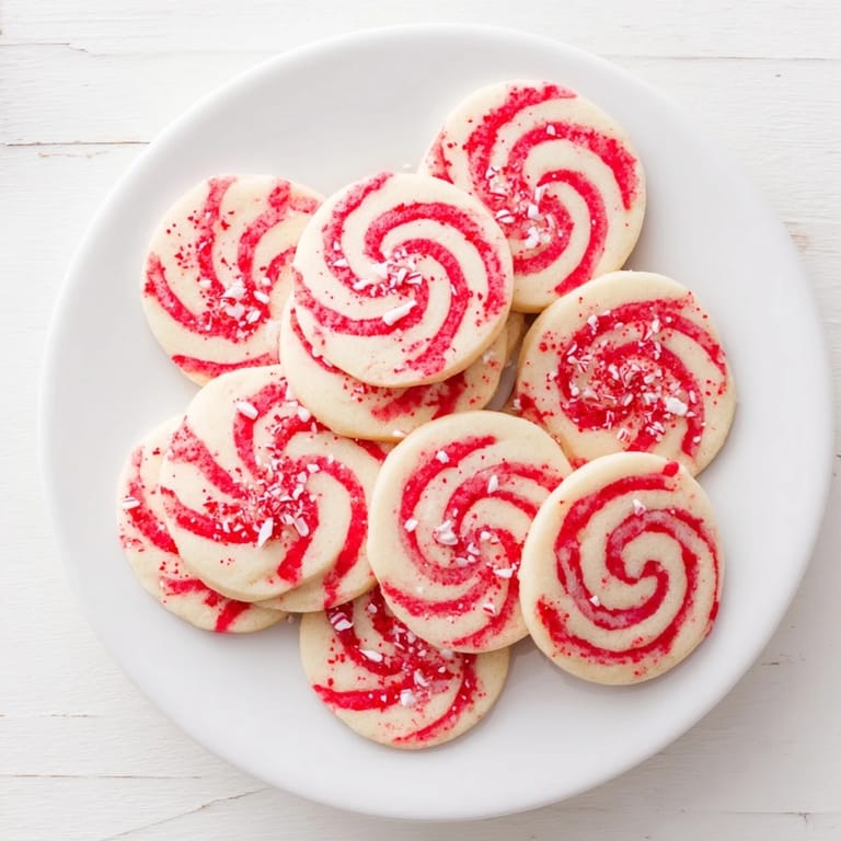 Close-up of baked candy cane swirl cookie platter, inviting you in with sugary sweetness.