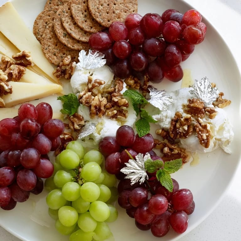 Enjoy a festive Sparkling Grape and Silver Cracker Platter showcasing crackers, cheeses, grapes, and toasted walnuts.