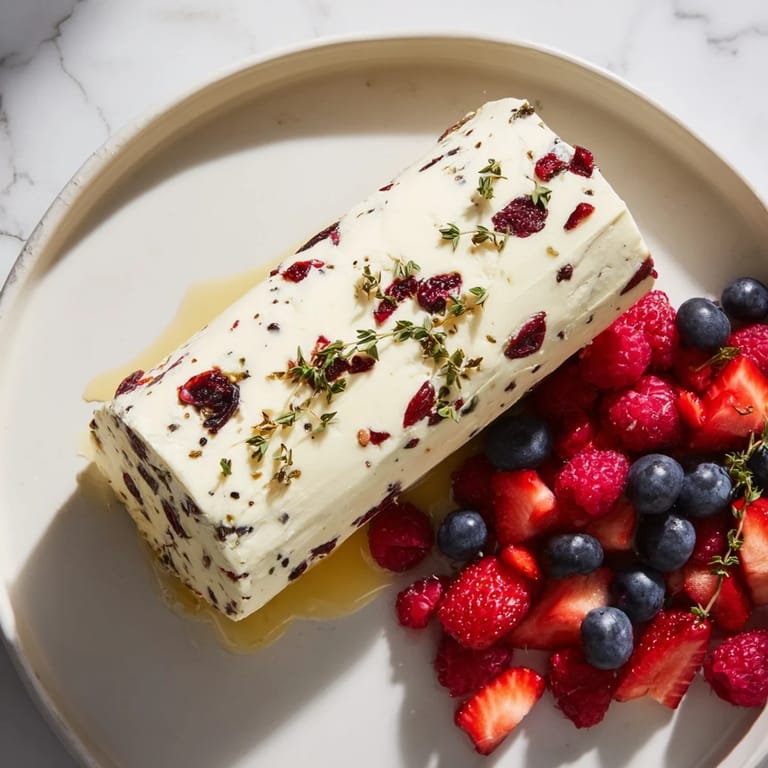 Creamy goat cheese log rolled with cranberries, surrounded by fresh, vibrant red berries, perfect for sharing.
