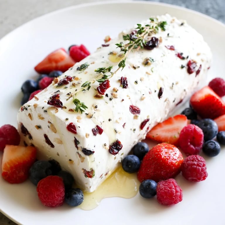 Tangy dried cranberries mingle within goat cheese, elegantly paired with fresh berries as a beautiful snack.