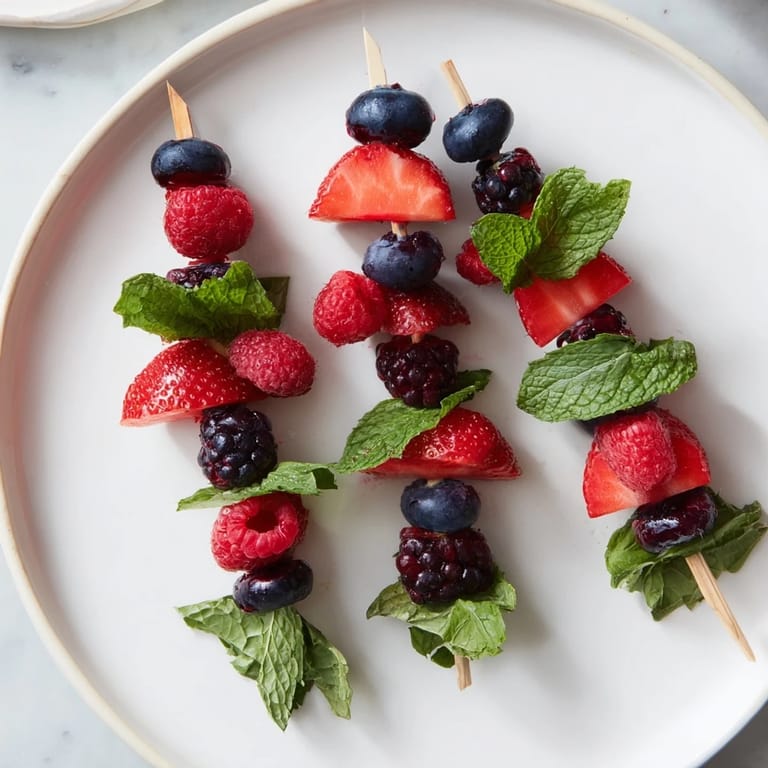 Fresh berry and mint skewers, a colorful stack of strawberries, blueberries, and blackberries perfect for summer.