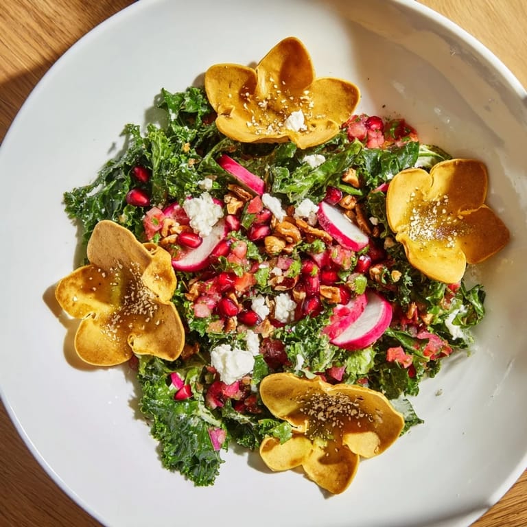 Festive Winter Salad with snowflake chips: Imagine fresh greens, pomegranate seeds, and the crunch of snowflake tortillas.