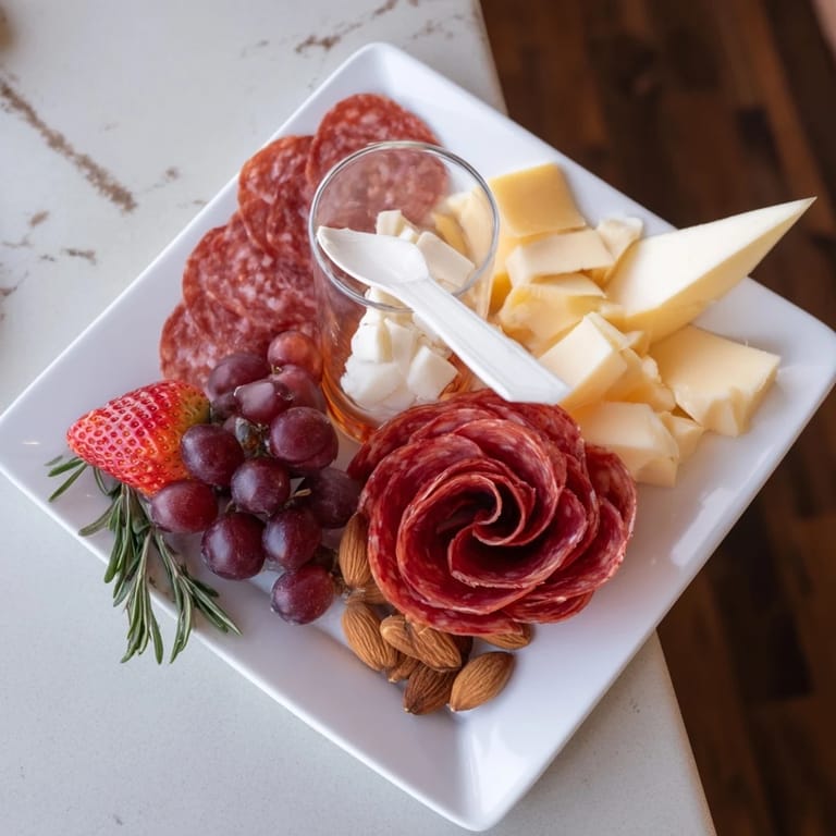 Enjoy a single serving of this beautiful Easy Charcuterie: Salami Rose Board, perfect for snacking.