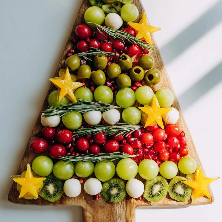 Beautiful Christmas Tree Triangle Board appetizer with colorful fruit ornaments and rosemary sprigs for serving.