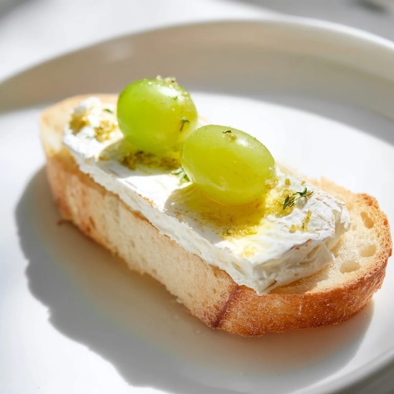 Delicate Champagne toast appetizers with glistening, gold-dusted grapes offer a festive treat.