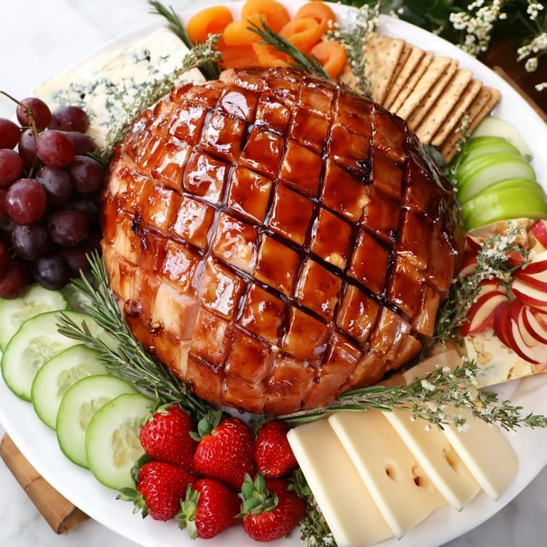 Delicious glazed ham centerpiece board, ready to serve with olives, pickles, and crusty bread.