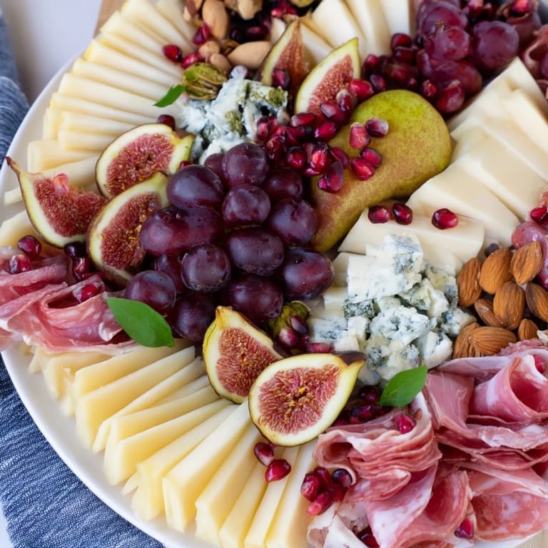 Artfully arranged Pomegranate Jewel Cascade with prosciutto, perfect for an elegant appetizer to share.