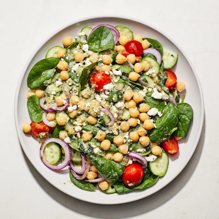 This Pesto Chickpea and Spinach Salad bursts with fresh flavors; imagine the vibrant colors ready to eat.