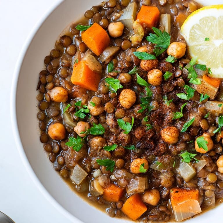 Close-up of a warm, comforting Middle Eastern lentil and chickpea stew, perfect for a flavorful meal.