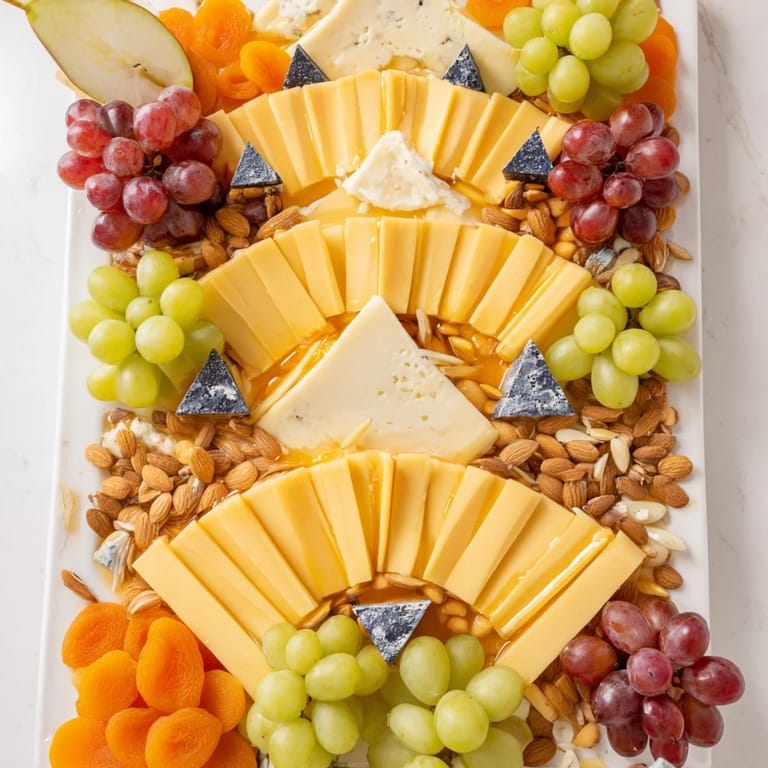 A stunning Art Deco Arch Cheese Platter featuring cheese arches, honey, and crackers ready to enjoy.